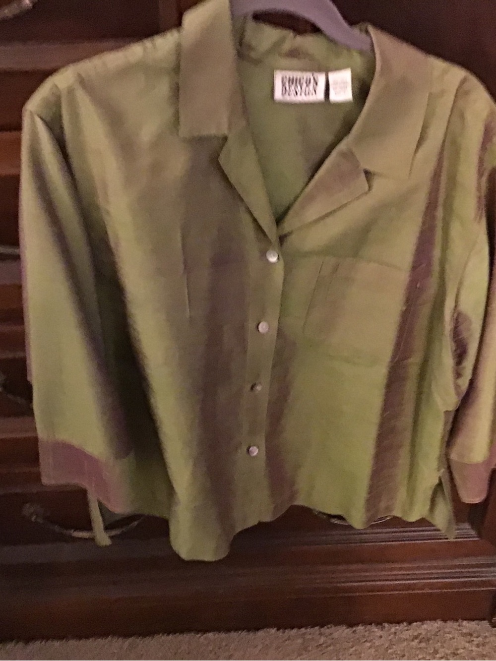 Chico's Olive Green Button-Front Shirt with Purple Sheen